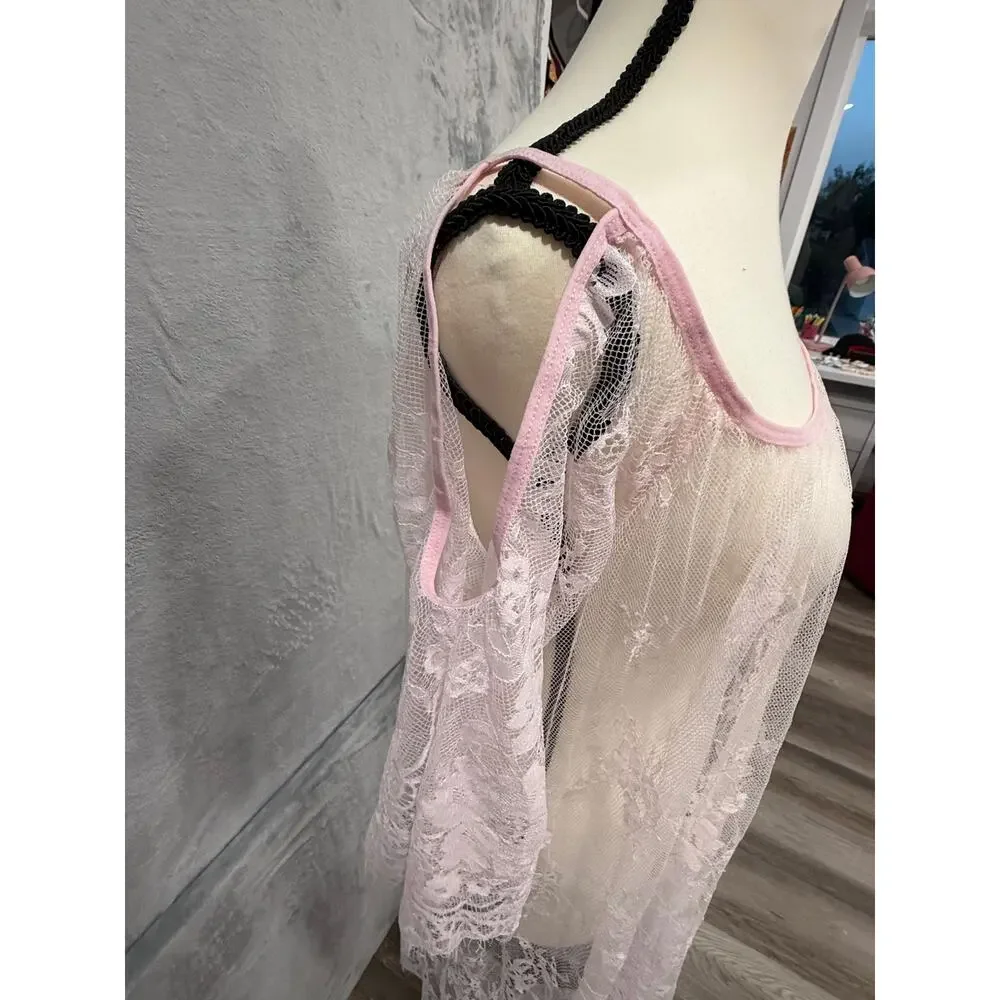 Festival Fairycore Barbiecore Sheer Lace Kimono Cover Up Robe Pink Coquette XL